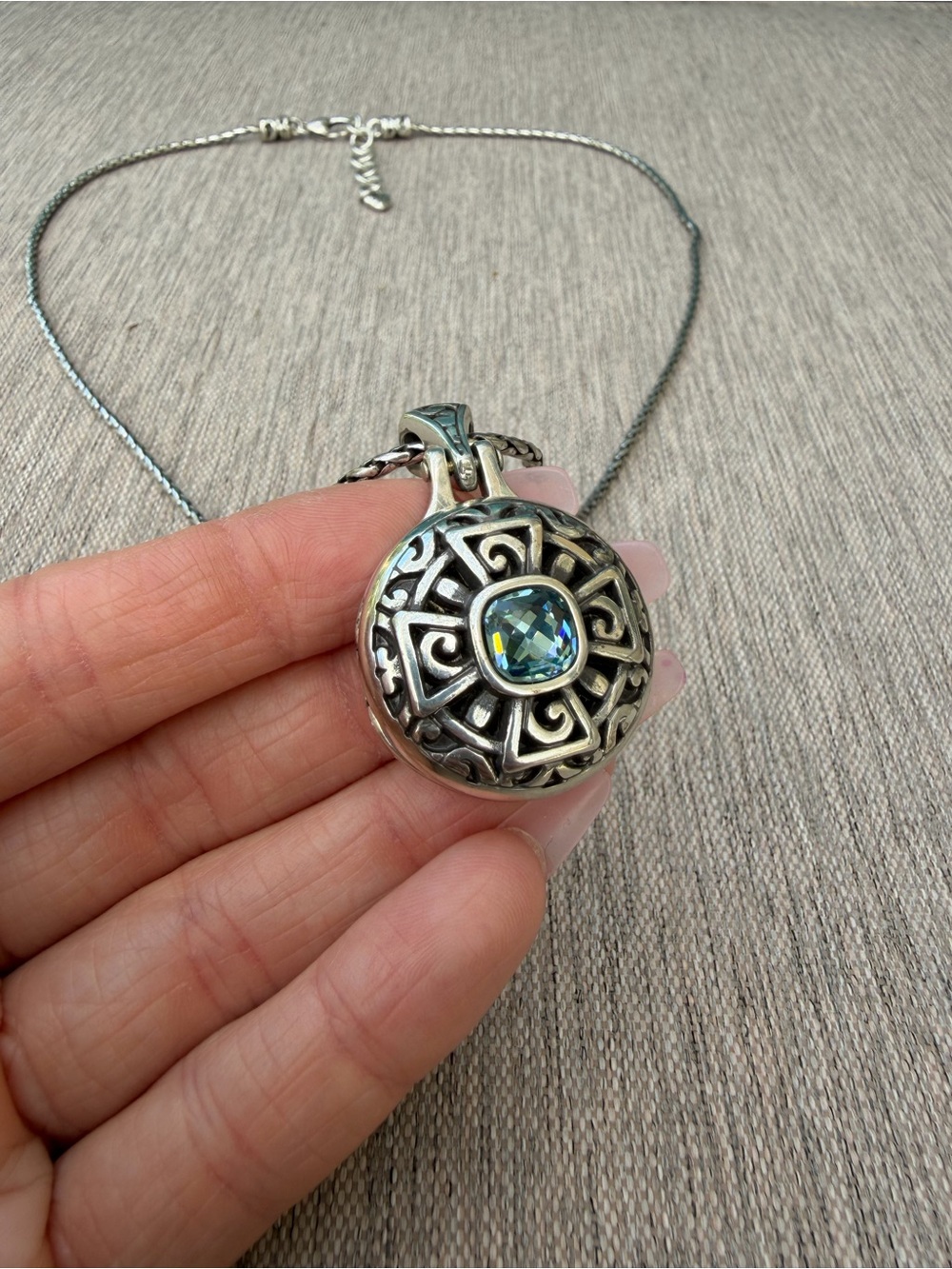 BRIGHTON Locket Celtic Blue Crystal Stone Long Filigree Silver Pendant Necklace - Picture 6 of 8
